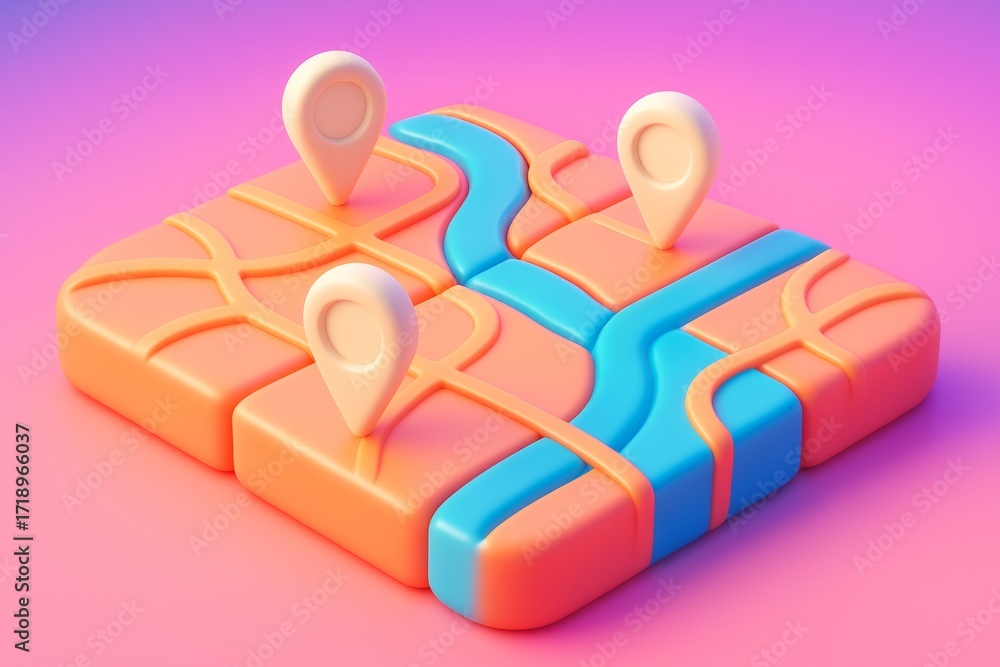 Poster Abstract stylized GPS navigation map with location markers and river on colorful soft blocks on pink gradient background for travel concept illustration. Ai generative
