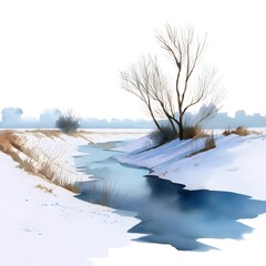Frozen river and snowy banks in a watercolor winter landscape