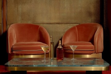 Luxurious lounge setting featuring velvet armchairs and cocktails on a marble table, creating an atmosphere of sophistication and relaxation.