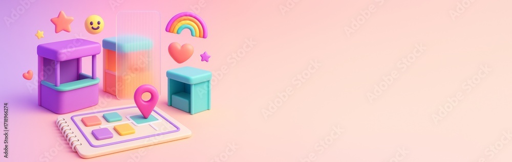 Poster colorful pastel 3d icons with map and location pin on minimal background with copyspace for design, 