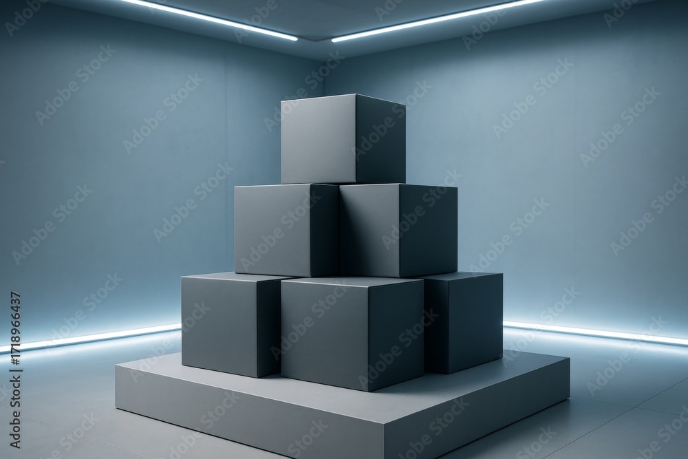 Poster minimalist dark gray cube pedestal in geometric layout inside futuristic blue room for product displ