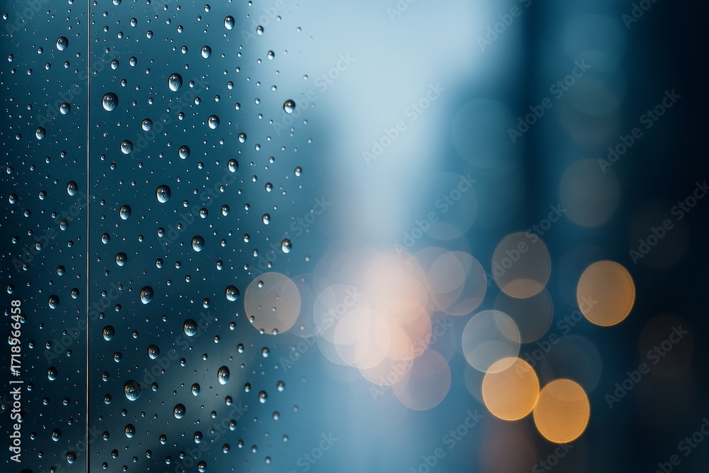 Poster raindrops on glass with bokeh lights in background creating abstract night city atmosphere and empty
