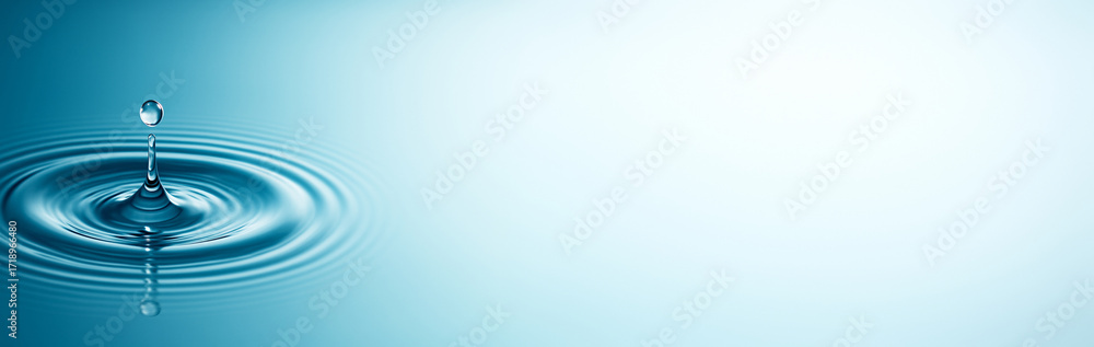Poster water drop creating ripples on calm surface with soft blue gradient background and empty space on ri