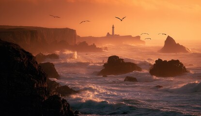 Dramatic sunset over stormy ocean with cliffs and lighthouse
