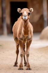 Young dromedary camel standing, looking at camera