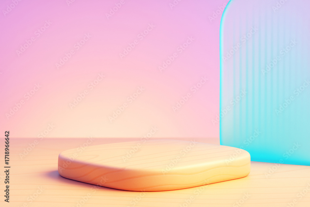 Poster minimal product display mockup with soft wood platform and pastel gradient background for creative d