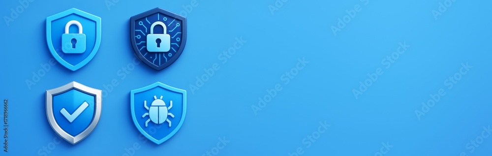 Poster cybersecurity shield icons representing digital protection, secure access, and antivirus, on blue ba