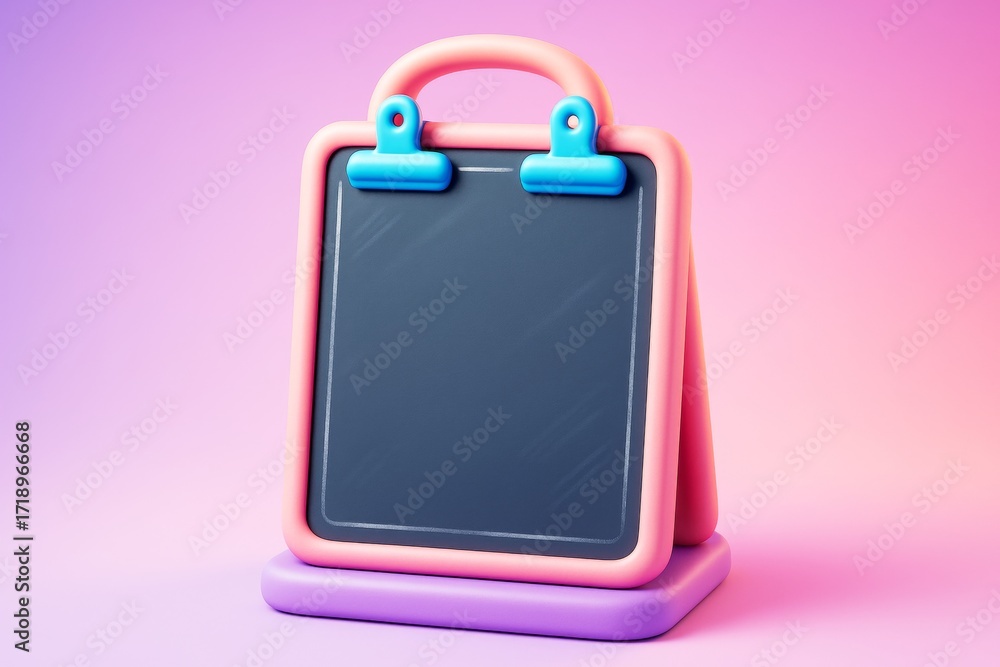 Poster colorful tabletop blank chalkboard mockup with pink and purple stand on gradient background for prod