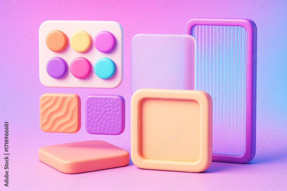 Poster abstract geometric mockup with colorful 3d shapes and textures on clean gradient background for bran