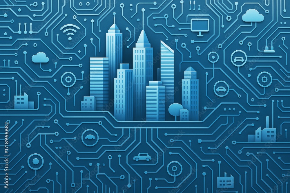 Poster futuristic smart city skyline integrated with digital circuit patterns in blue tones, symbolizing te