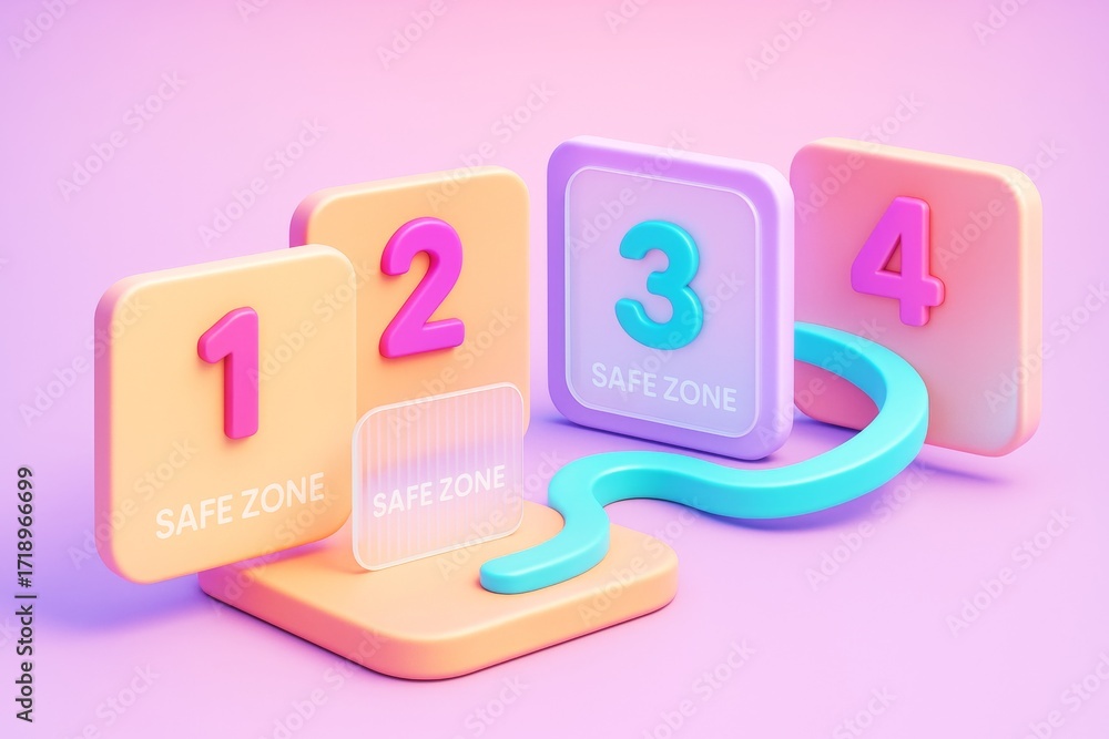 Poster colorful abstract infographic with numbered blocks labeled safe zone and curved path on pink backgro