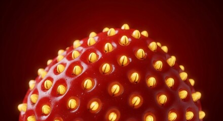 Extreme Close-Up of a Vibrant Red Strawberry with Golden Seeds on Dark Red Background