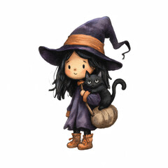 Charming girl with long black hair wearing a purple witch hat and holding a black cat in a burlap sack during autumn season