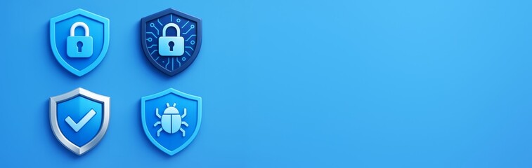 Cybersecurity shield icons representing digital protection, secure access, and antivirus, on blue background with empty copy space for design. Ai generative