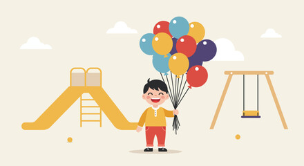 A cheerful child celebrates childhood joy, holding a vibrant cluster of balloons against a playful park backdrop. This flat design illustration captures the essence of happiness and simple outdoor fun