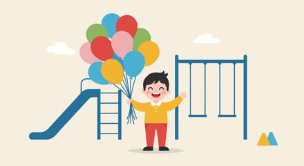 A cheerful child celebrates childhood joy, holding a vibrant cluster of balloons against a playful park backdrop. This flat design illustration captures the essence of happiness and simple outdoor fun