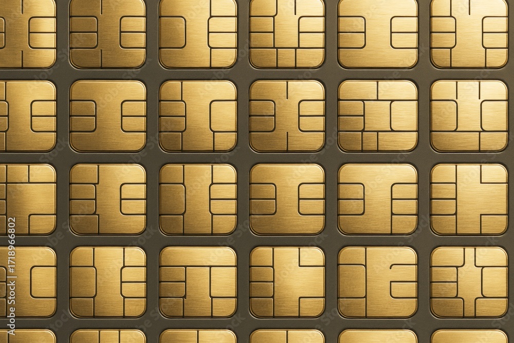 Poster golden microchip pattern with metallic texture on dark background, symbolizing finance, technology, 
