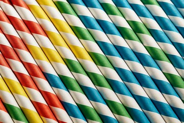 Colorful diagonal striped paper drinking straws arranged in rows on a bright background, showcasing a light and cheerful festive concept. Ai generative