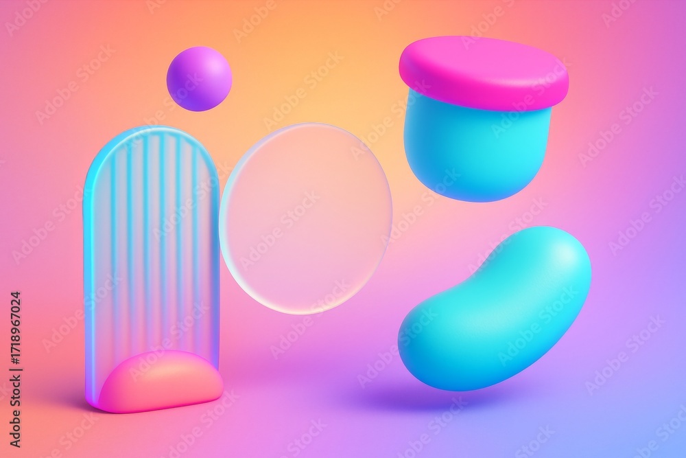 Poster abstract colorful geometric shapes floating on vibrant gradient background with soft lighting and sm