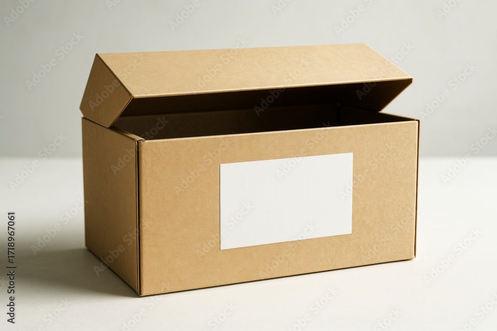 Poster open cardboard box with blank white label on light background for packaging or branding concept in m