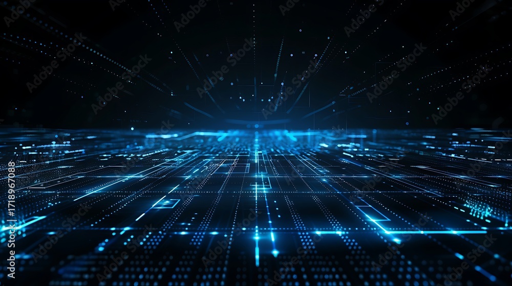 Poster abstract digital network of glowing blue lines and particles on a dark background.