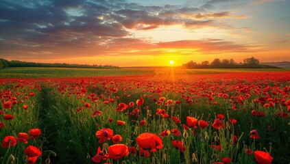 Vibrant sunrise over a vast field of red poppies, the sun's rays illuminating the scene with a warm, golden glow.  The sky displays a mix of oranges, reds, and purples