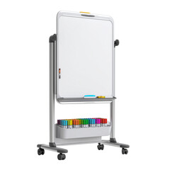 Modern mobile whiteboard with colorful markers and storage tray isolated on transparent background