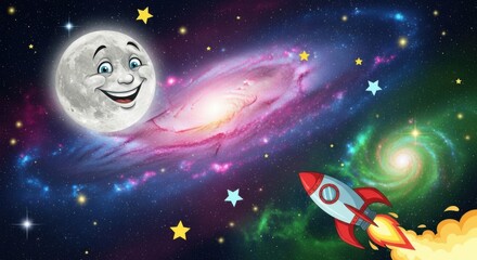 Happy Moon Rocketing Through Cosmic Galaxy Stars