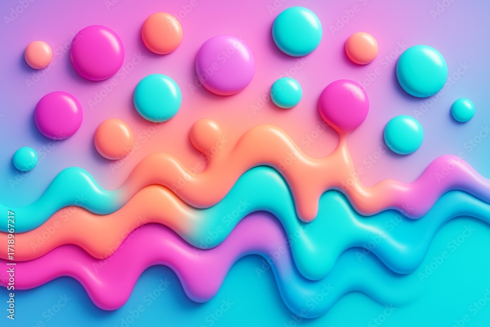 Poster abstract colorful background with glossy 3d fluid waves and spheres in pink, orange, and blue tones 