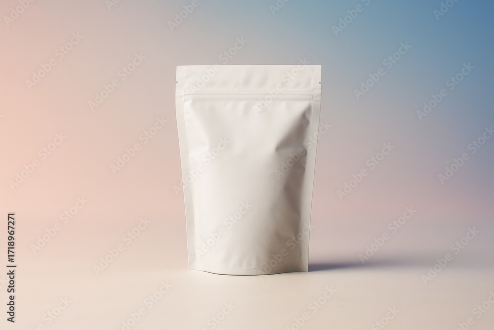 Poster blank white stand-up pouch mockup on soft gradient background for product branding and packaging des
