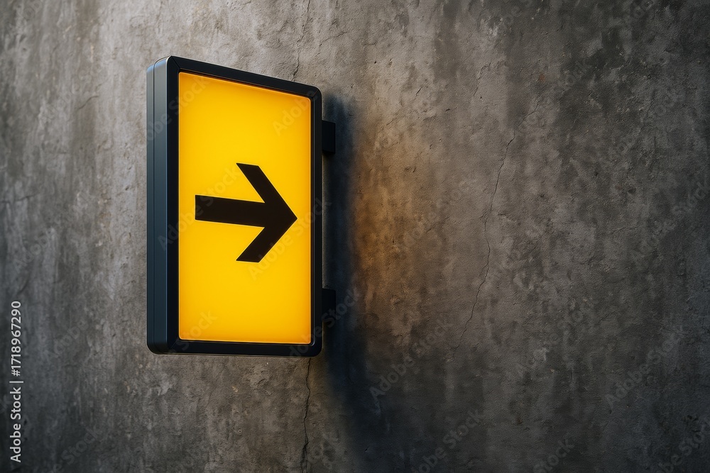 Poster illuminated yellow directional arrow sign mounted on textured concrete wall background with glowing 