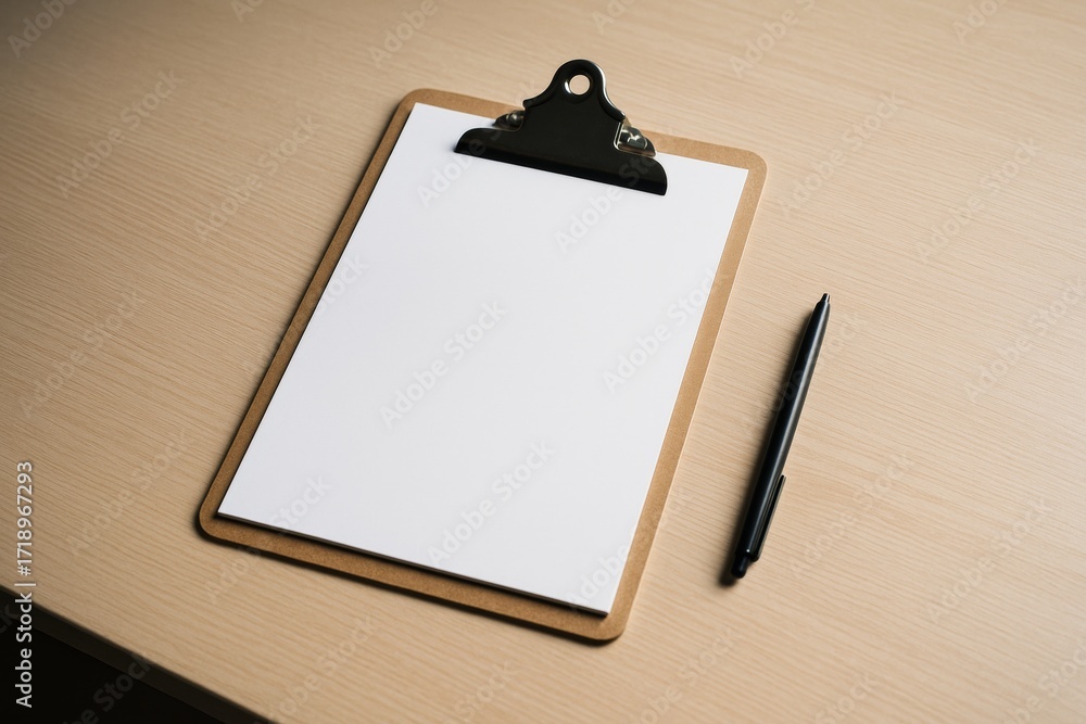 Poster clipboard mockup with blank white paper and black pen on light wood background for clean branding or