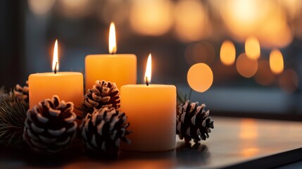 Advent candles burning with Christmas pine cone decoration