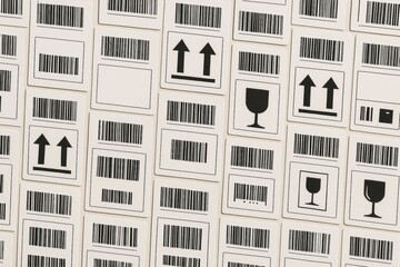 Shipping label icons with barcodes arranged in a grid pattern on a light background, symbolizing logistics and packaging concept. Ai generative