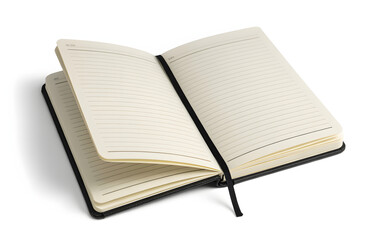 Fototapeta premium Elegant black leather journal with lined pages open, ready for your thoughts, plans, and creative ideas to flow effortlessly onto the paper.
