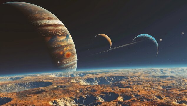 A desert planet's landscape dominates the foreground, with two gas giants and a ringed planet visible in the dark, starry background