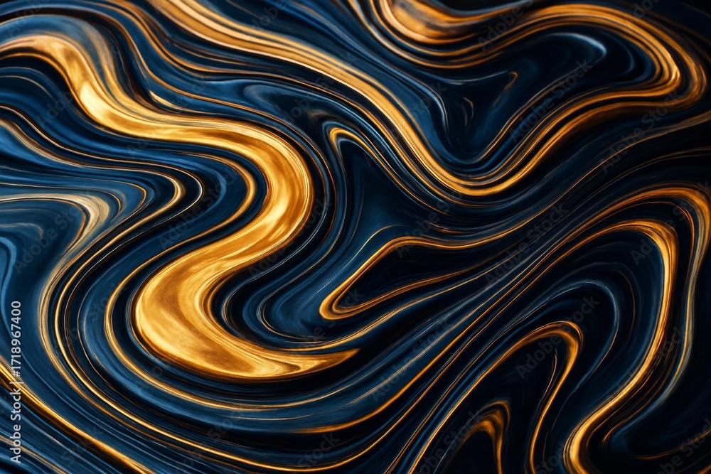 Poster Abstract gold and dark blue flowing lines on glossy liquid surface background with smooth light reflections creating a creative artistic effect. Ai generative