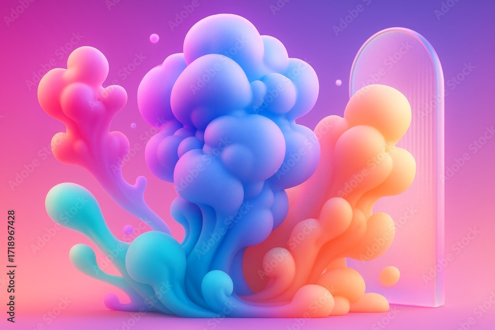 Poster abstract colorful soft shapes forming fluid cloud-like structures with glowing light effects on a pi