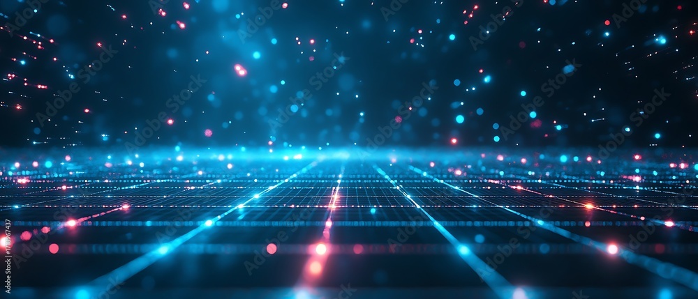 Poster abstract digital grid with glowing blue and red particles in a futuristic, technological, and data d
