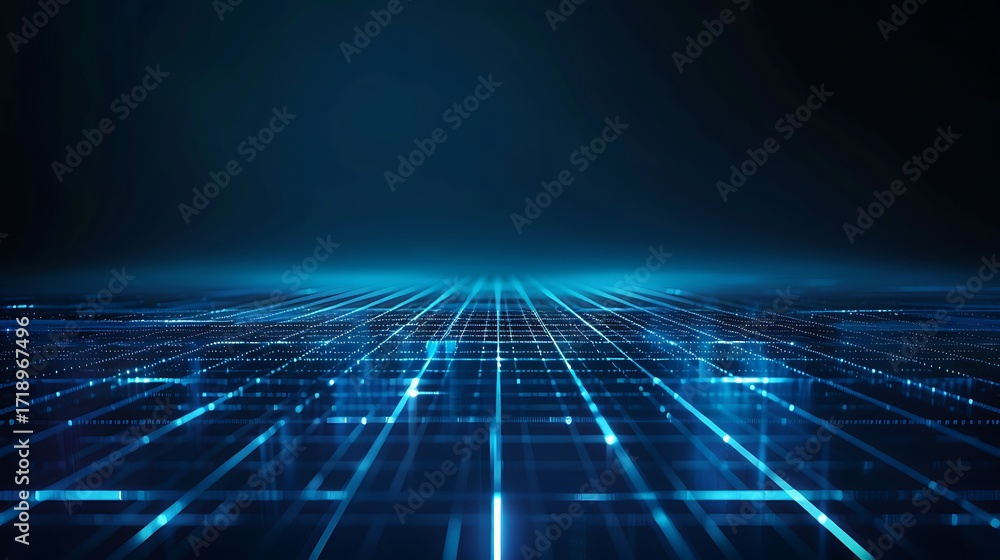 Poster futuristic digital grid with glowing blue lines and points on a dark background.