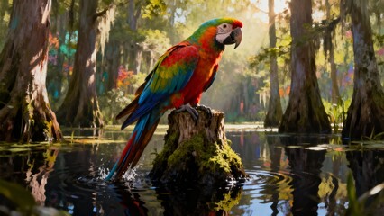 Beautiful Parrot Resting on Tree Stump at Dawn