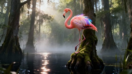 Graceful Flamingo Standing in a Misty Swamp at Sunrise