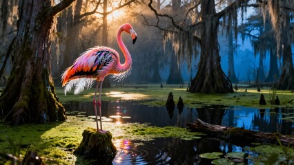 Flamingo Reflections in Serene Water at Sunrise