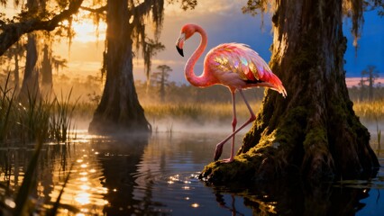 Elegant Pink Flamingo in a Tranquil Wetland Dawn Scene