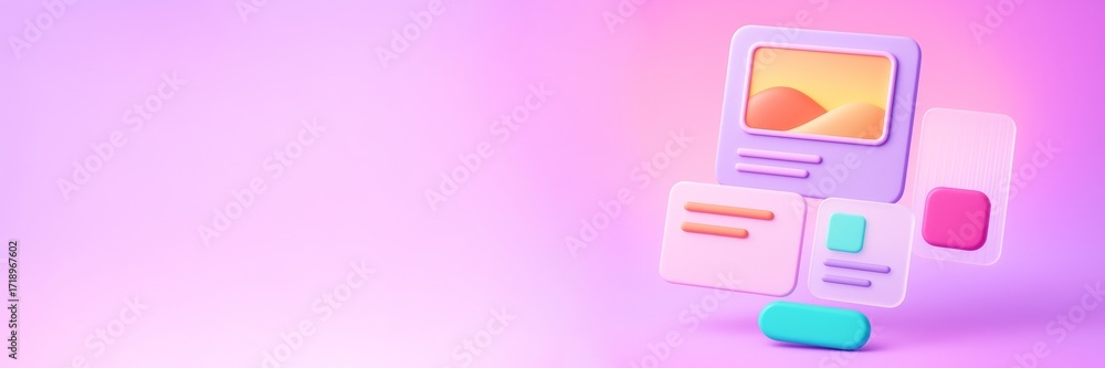 Poster colorful abstract user interface elements floating on pink background with empty copy space for bann