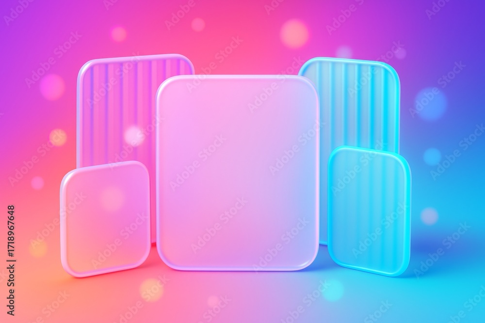 Poster abstract pastel mockup display with glowing rounded shapes in pink and blue tones on gradient backgr