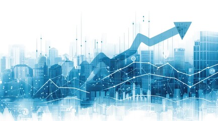 An abstract cityscape merges with upward trending graphs and data points, symbolizing growth and progress within an urban environment