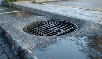 Close-up of a metal storm drain grate on wet asphalt, ideal for illustrating urban infrastructure, drainage systems, rainwater management, city environment, and civil engineering concepts