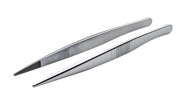 Two sleek, metallic tweezers lie parallel, one subtly textured, showcasing precision-crafted points and a polished, reflective surface