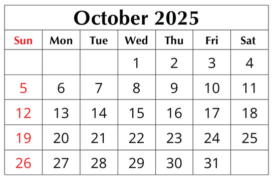 October 2025 ENGLISH month calendar. png transparent illustration